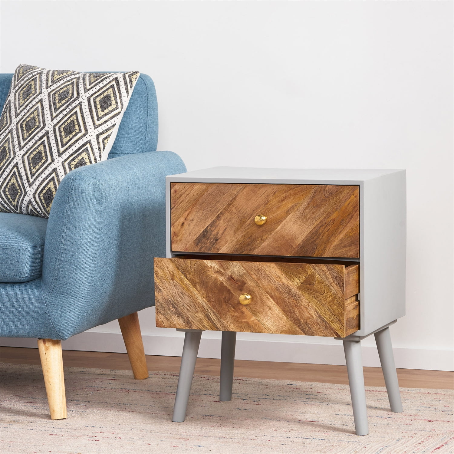 Kepooman Nightstand, Wood Side Table with 2 Drawer, Accent Table with Storage for Bedroom, Living Room, Natural & Grey Kepooman Nightstand, Wood Side Table with 2 Drawer, Accent Table with Storage for Bedroom, Living Room, Natural & Grey