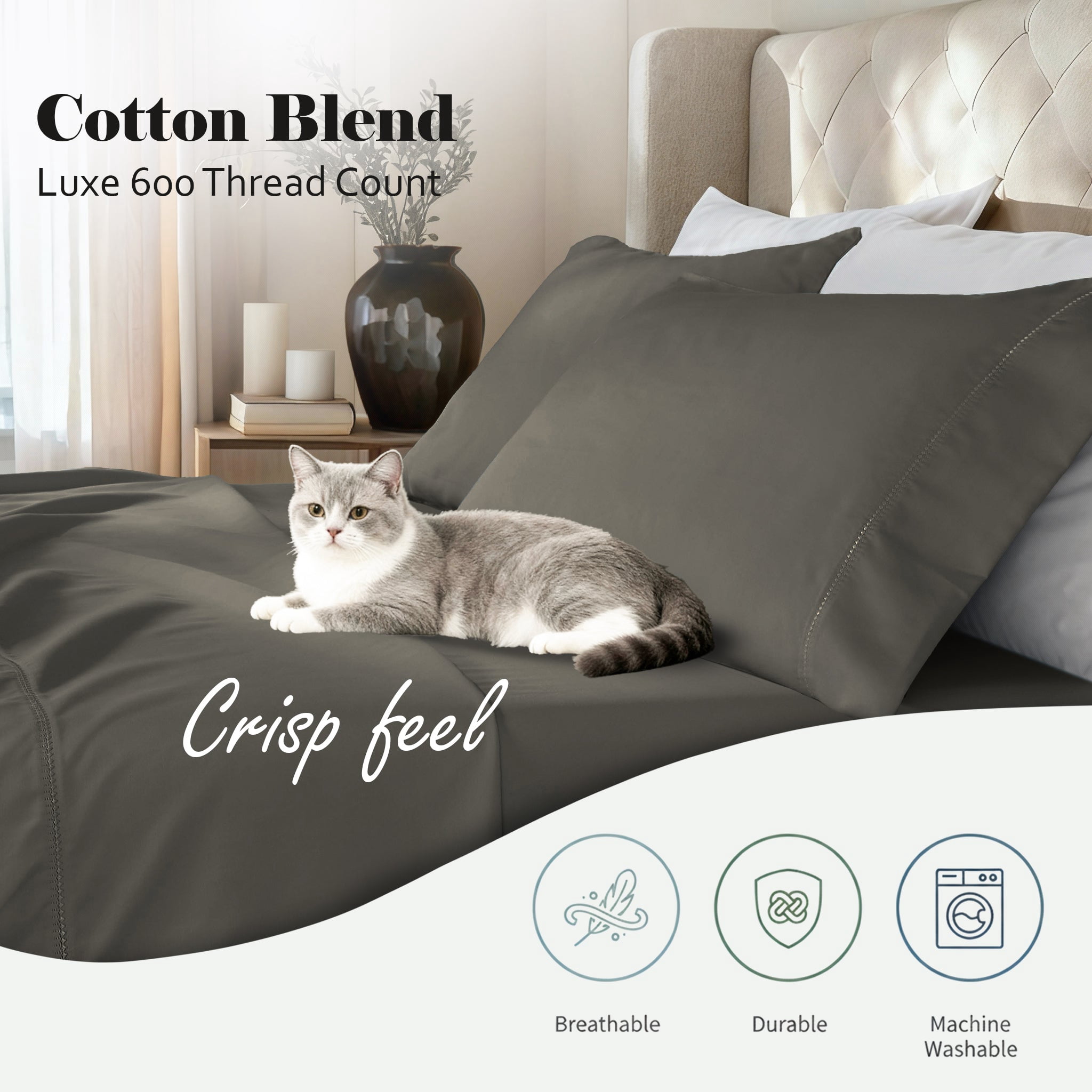 Superior Cotton Blend 600 Thread Count Embroidered Pillowcases , Set of 2, King Size, Grey