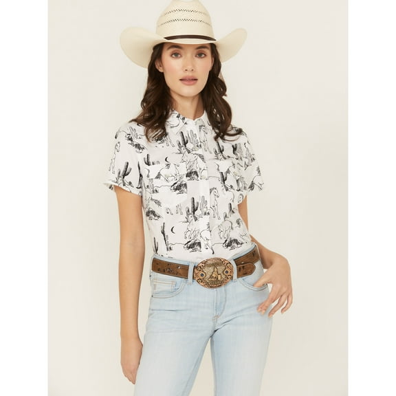 Wrangler Women's Retro Boot Barn Horse Print Short Sleeve Snap Western Shirt Black/White US