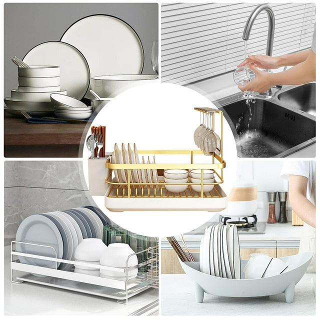 Two-Tier Kitchen Dish Drying Rack with Removable Utensil Holder and Efficient Drain Tray