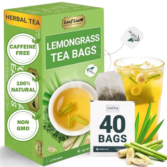 LeafLea 40 Lemongrass Tea Bags, 100% Natural Lemongrass Tea, Te De Limoncillo Smooth Herbal Taste, Caffeine-Free, Sugar-Free