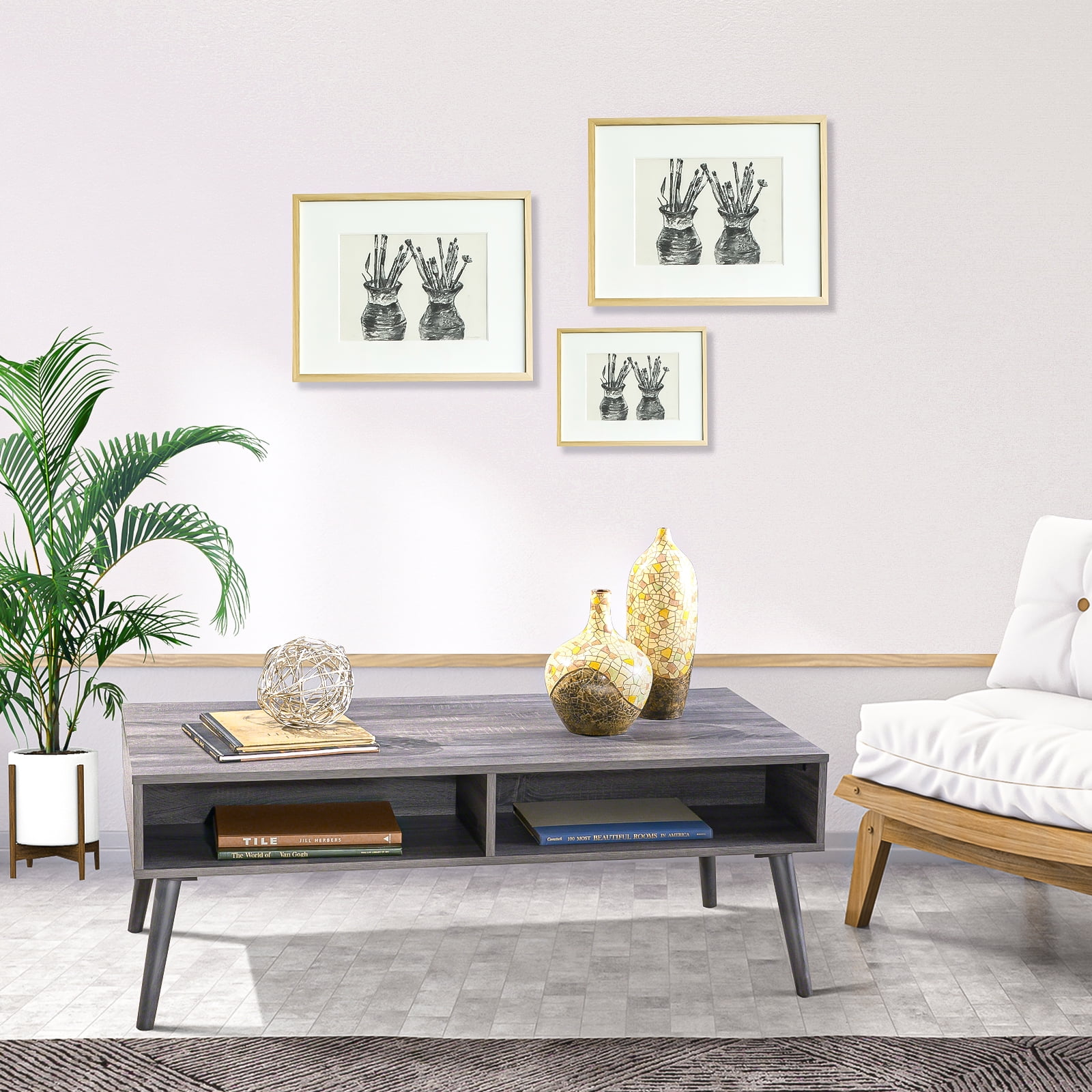 Kadyn Faux Wood Overlay Coffee Table, Mid Century Coffee Table with Storage Space, Modern Fiberboard Coffee Table for Bedroom, Plaid Grey Oak Kadyn Faux Wood Overlay Coffee Table, Mid Century Coffee Table with Storage Space, Modern Fiberboard Coffee Table for Bedroom, Plaid Grey Oak