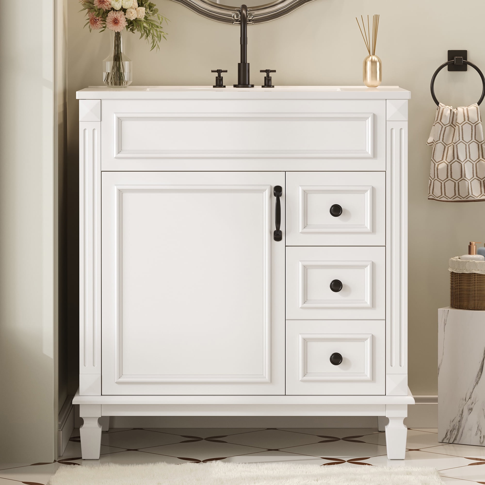 30'' Bathroom Vanity with Ceramic Sink Combo, Solid Wood Frame Bathroom Storage Cabinet with 2 Drawers & Adjustable Shelf, Freestanding Bathroom Vanities, Soft Closing, Metal Handle, White