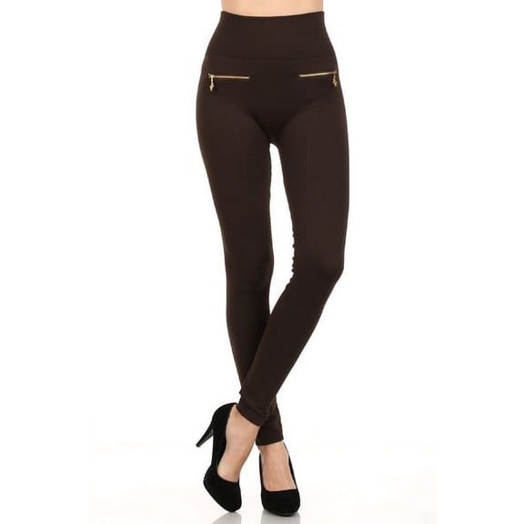 Women's Fashionable Fleece Leggings in Solid Color with 2 Gold zippers & seams on Front, Coffee