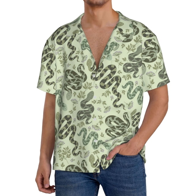 Fotbe Green Snake Camisa Estampada de Manga Corta para Hombre, Casual de Verano, Estilo Playero, Sin Arrugas-Small