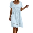 thumbnail image 4 of Josdec Women's Square Neck Short Sleeve Babydoll Midi Dresses Eyelet Hollow Hem Solid Color 100% Cotton Casual Dress for Daily Wear in Spring Summer S-3XL, 4 of 7