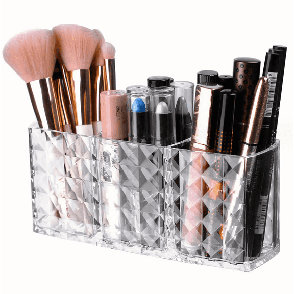 3 Compartment  Acrylic Cosmetic Brushes Storage,  Makeup Brush Holder Organizer,Perfect Bathroom Vanity Storage Solution for Makeup Brushes, Eyebrow Pencils, Lipsticks, Nail Polishes, and More