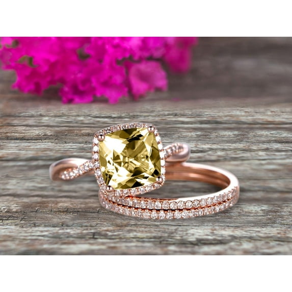 Trio Set 3.05 Carat 7mm Cushion Cut Champagne Diamond Moissanite 10k Rose Gold Wedding Set Bridal Ring Infinity Stacking Matching Band Art Deco