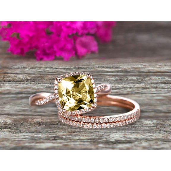 Trio Set 3.05 Carat 7mm Cushion Cut Champagne Diamond Moissanite 10k Rose Gold Wedding Set Bridal Ring Infinity Stacking Matching Band Art Deco