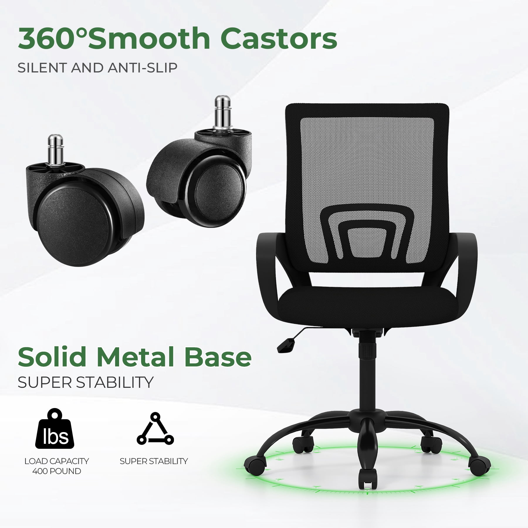 Bonzy Home Ergonomic Home Office Chairs Set of 4 with Adjustable Height and Lumbar Support, 360° Swivel Mesh Computer Desk Chair with Wheels & Armrests, Black
