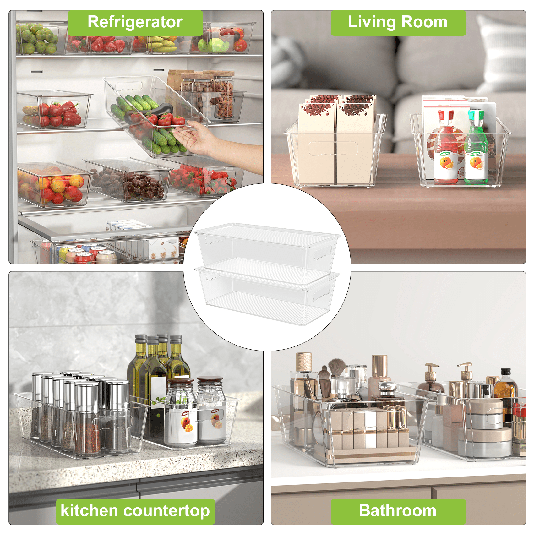 6 Pack Large Clear Plastic Storage Bins with Handles, Stackable Multi-Purpose Organizer for Pantry, Kitchen, Refrigerator and Closet Organization