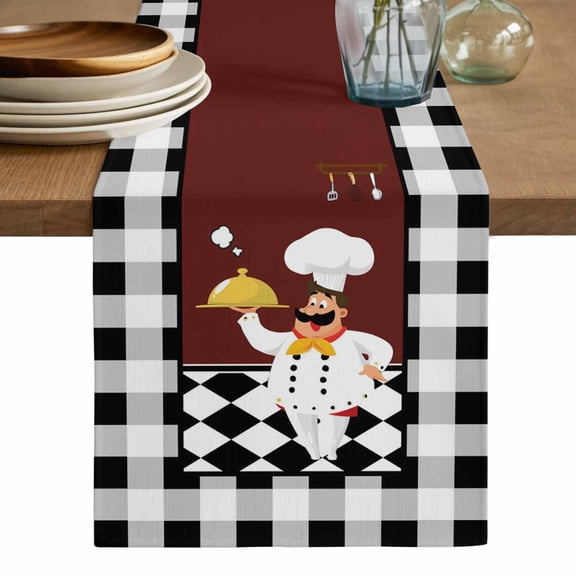 Red Kitchen Chef Table Runner, Black Plaid Gourmet Food Vintage Washable Cotton Linen Table Runners 60 Inches Long, Dresser Scarf Runner for Coffee/TV Stands/Kitchen/Cabinets 13''x60''