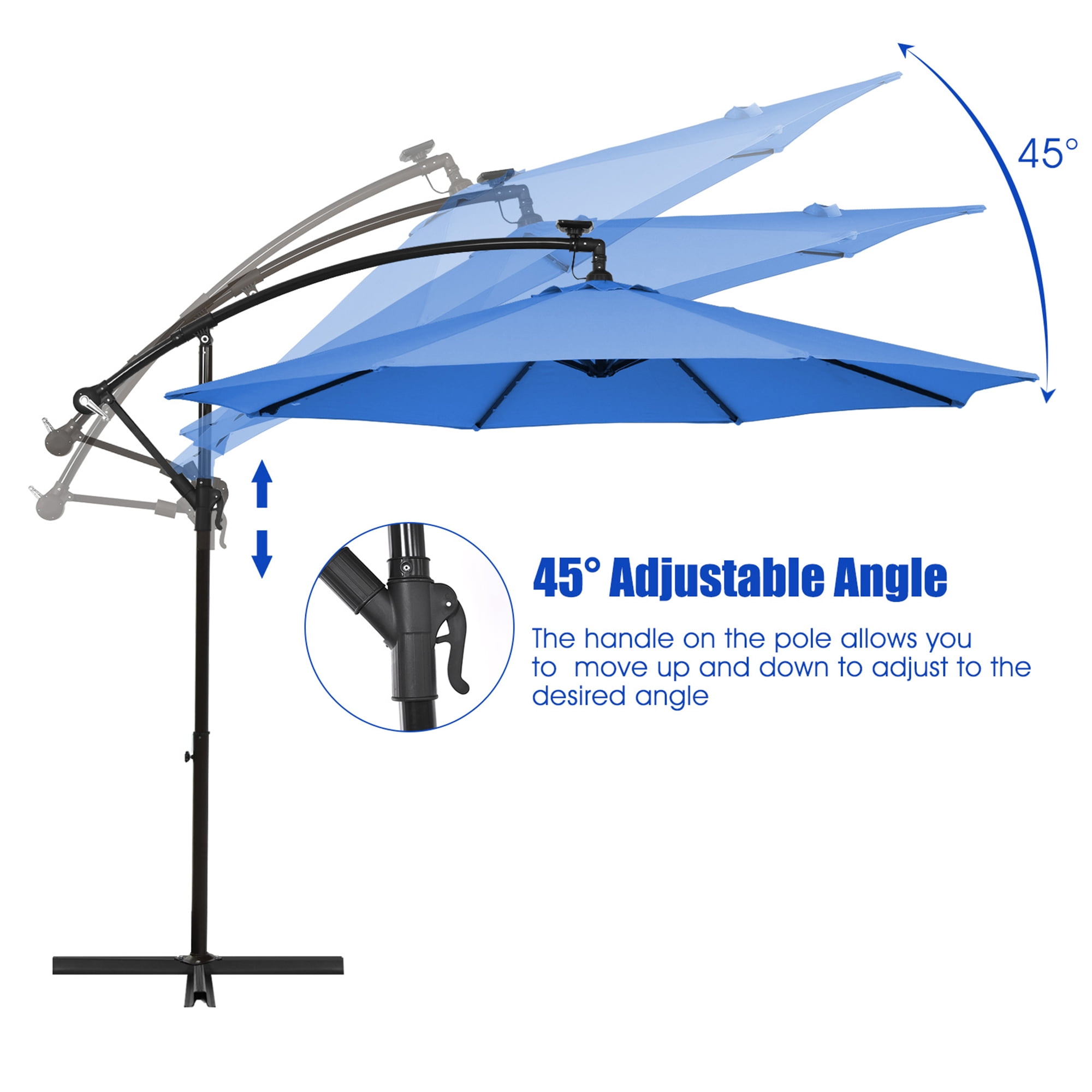 Gymax 10ft Solar Patio Umbrella Outdoor Offset Hanging Umbrella w/ 40 LED Lights Blue
