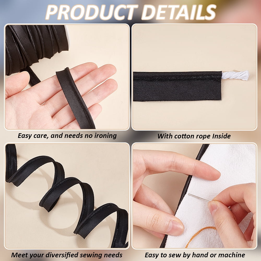 55 Yard Satin Piping Trim Black Bias Tape Cord with Cotton Rope Inside Bias Piping Ribbon Costumes and Upholstery