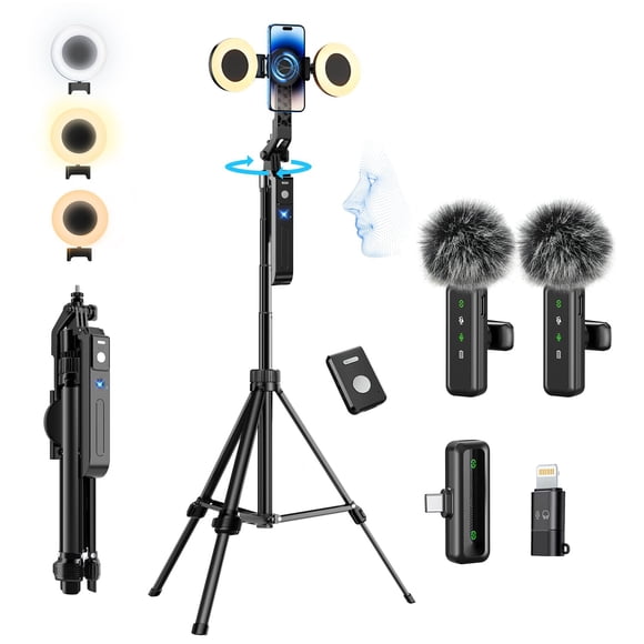 yAyusi Magnetic Vlogging Kit for iPhone/Android, 70.9" Auto Face Tracking Tripod for iPhone with Light, Microphone/Remote Control, Content Creator Es
