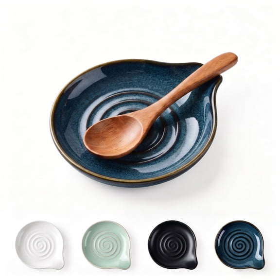 Vesteel Ceramic Spoon Rest, 5.1 inch Kitchen Teardrop Spoon Holder for Countertop, Utensil Rest for Spatula Ladle Tongs, Stove Top Spoon Tray, Heat-Resistant & Dishwasher Safe, Ocean Blue