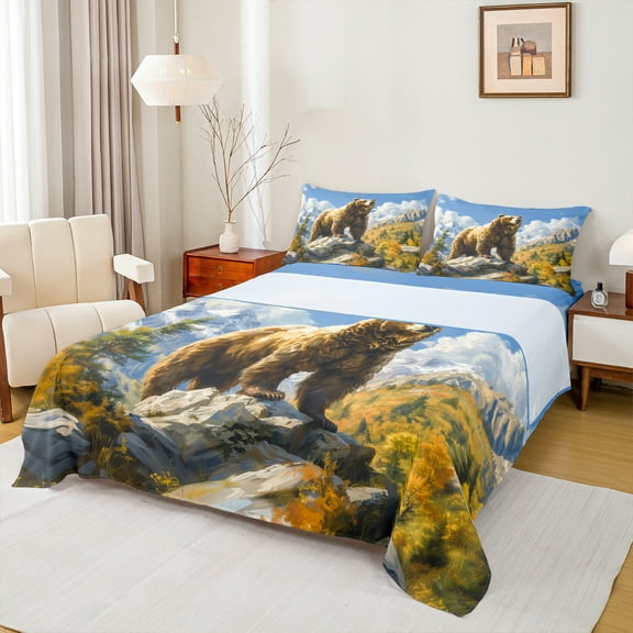 Castle Fairy Safari Brown Bear 3Pcs Twin Sheet Sets for Boys Girls Teens,Woodland Animal Twin Fitted Sheet,Jungle Wildlife Breathable Flat Sheet,Super Cozy Room Decor