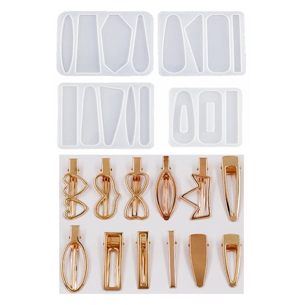 Kit de Moldes para Clips de Cabello de Silicona de 16 Piezas, 12 Piezas de Pasadores de Cabello DIY y 4 Piezas de Moldes de Pasadores de Silicona para Hacer Accesorios de Manualidades de Clips de
