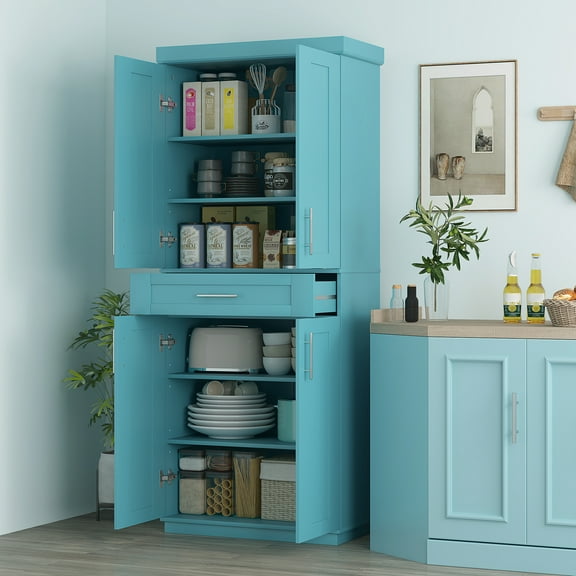 HOMCOM Tall Kitchen Pantry Freestanding Cabinet Cupboard with Doors and Drawer, Adjustable Shelving, Turquoise
