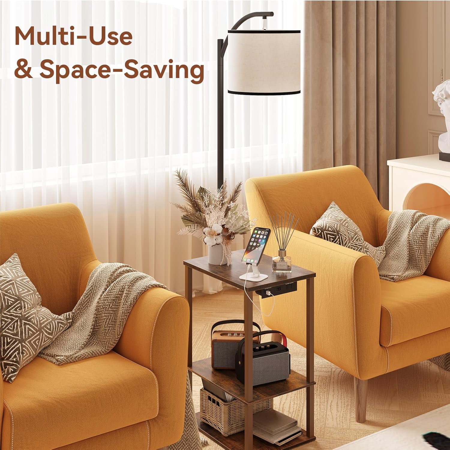 Floor Lamp with Table, End Table for Living Room with Lamp, Shelves Side Table with Charging Station(USB & AC Port), 3 Color Temperature LED Bulb, Modern Nightstand Lamp for Bedroom, Office