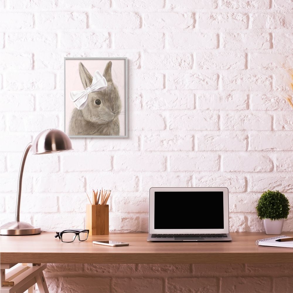 Bunny Pink Bow Kids Animal Drawing Gray Farmhouse Rustic Oversized Framed Giclee Texturized Art by Daphne Polselli