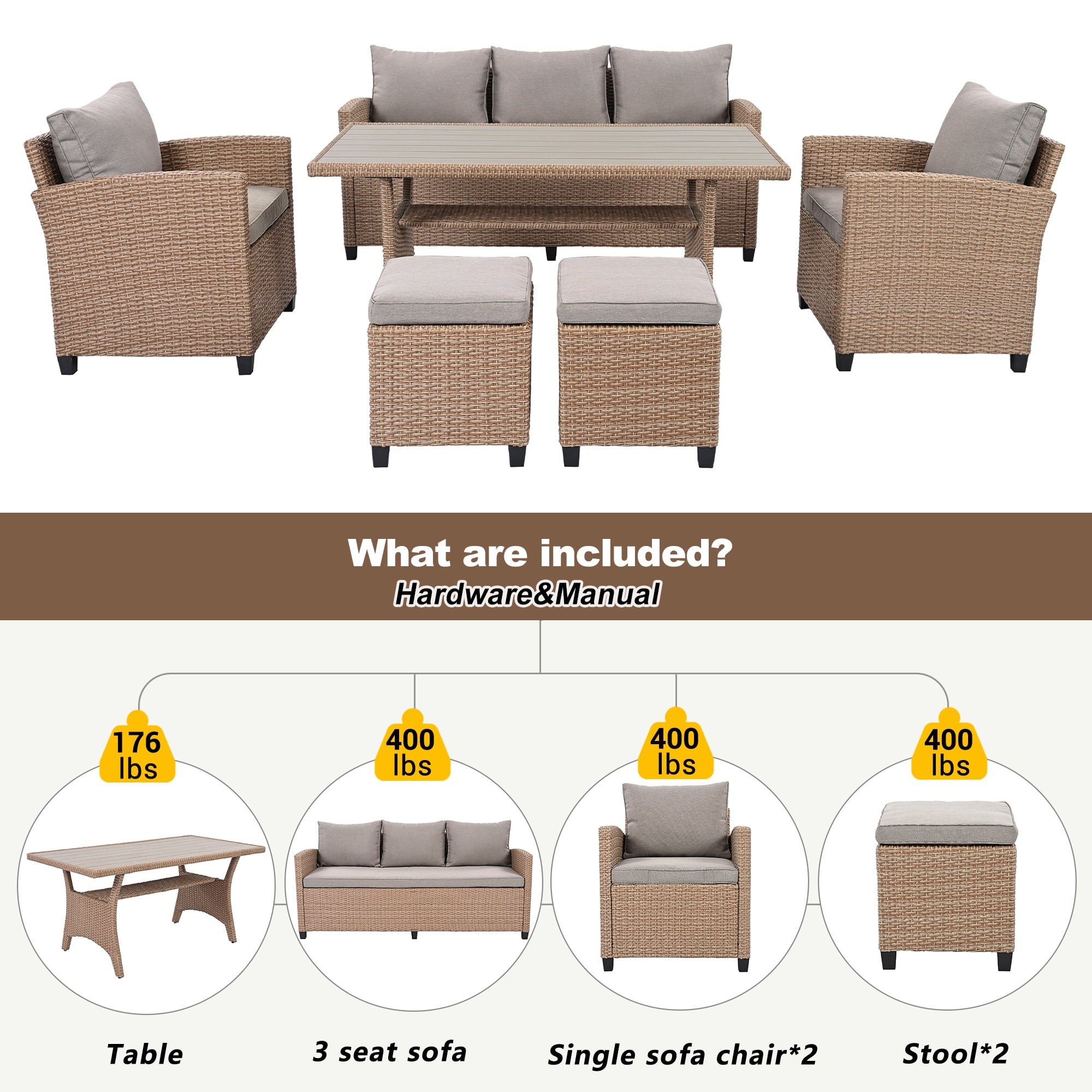 Harper & Bright Designs 6 Pieces Wicker Outdoor Patio Furniture Set with 3-Seater Sofa, 2 Armchairs, Coffee Table & Stools, All-Weather Rattan Conversation Lounge Set for Backyard Garden, Natural