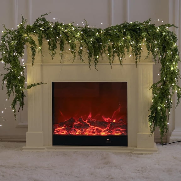 9ft Christmas Garland with String Lights, Real Touch Cedar Pine Garland, Green Artificial Greenery Garland for Table, Mantle, Wall, Indoor, Outdoor Christmas Decorations