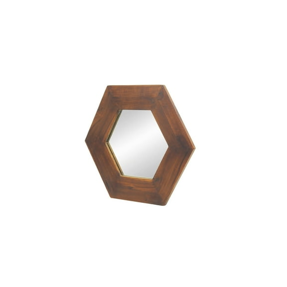 Teak Wood Hexagon Mirror - 18.5" Dark Brown Wall Decor - Transitional Accent Mirror