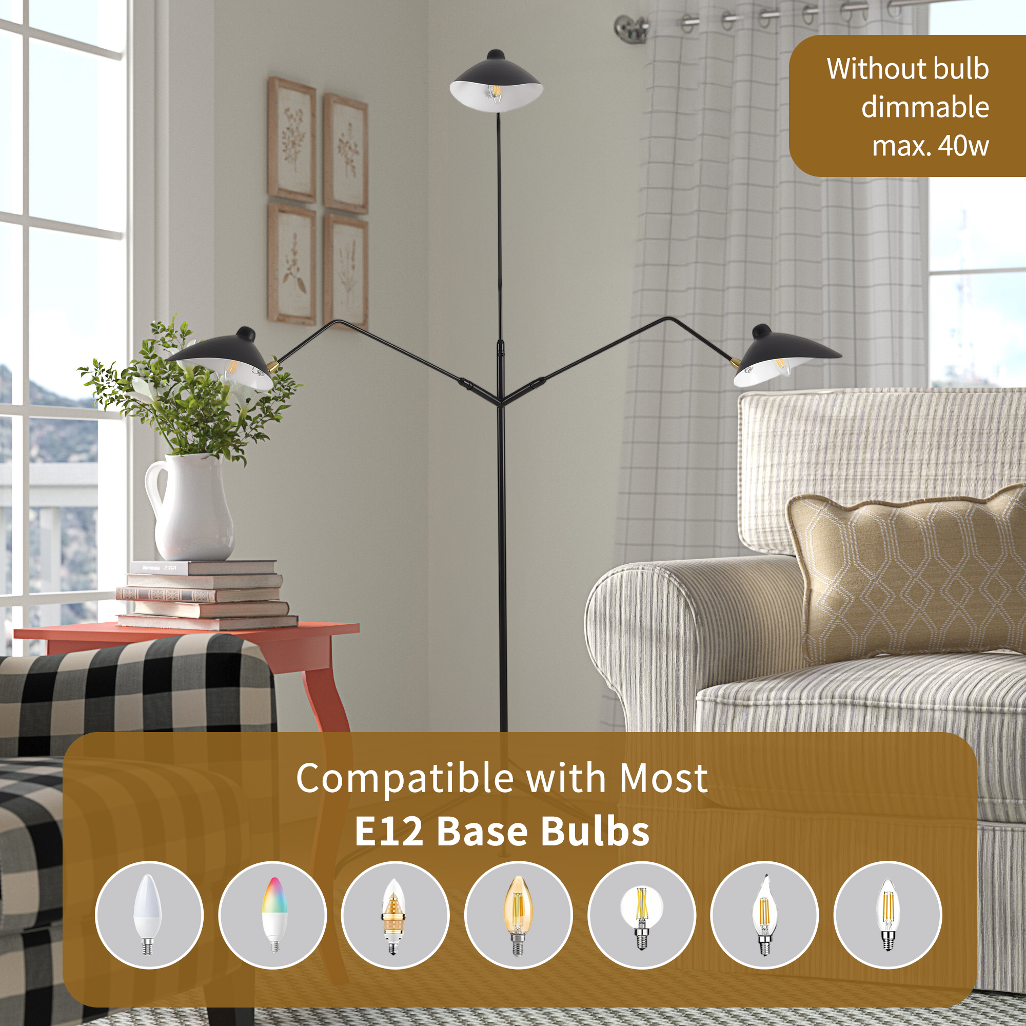Modern Black 3-Light Tall Floor Lamp, Mid-Century Adjustable Standing Lamp, Spider Arm Floor Lamp with 360° Swing Arm, Tall Lamp for Reading,Bedroom