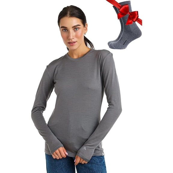 𝗕𝗥𝗘𝗔𝗧𝗛𝗔𝗕𝗟𝗘 Merino.tech Women’s Lightweight Merino Wool Long Sleeve Base Layer Top with Hiking Socks