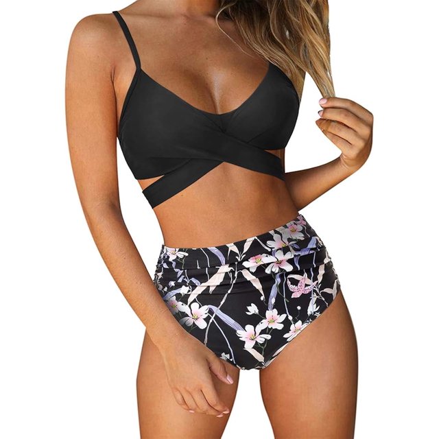 Trajes de baño de dos piezas con estampado floral y tanga de cintura alta y entrecruzado para mujer$Trajes de baño de dos piezas con estampado floral y tanga de cintura alta y entrecruzado