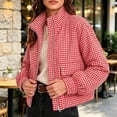 thumbnail image 3 of SHENGXINY Plaid Jacket for Women Stand Collar Zip Up Cropped Outwear with Pockets Checkered Casual Long Sleeve Winter Fall Coat Red M, 3 of 6