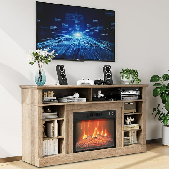 58'' TV Stand 23'' Wick TV Stand Electric Fireplace Electric Fireplace with Remote Control 1400W Powerful Heater Wooden Modern Entertainment Center Suitable for, Living Room, Bedroom, Den