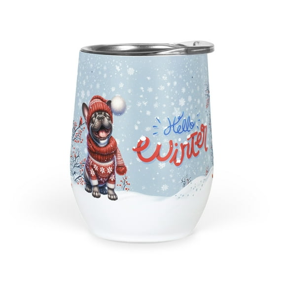 Hello Winter French Bulldog Smiling in Red Scarf Hat Welcome Christmas 12oz Stainless Steel Wine Tumbler Insulated Cup with Lid Dog Lover Gifts - 00017