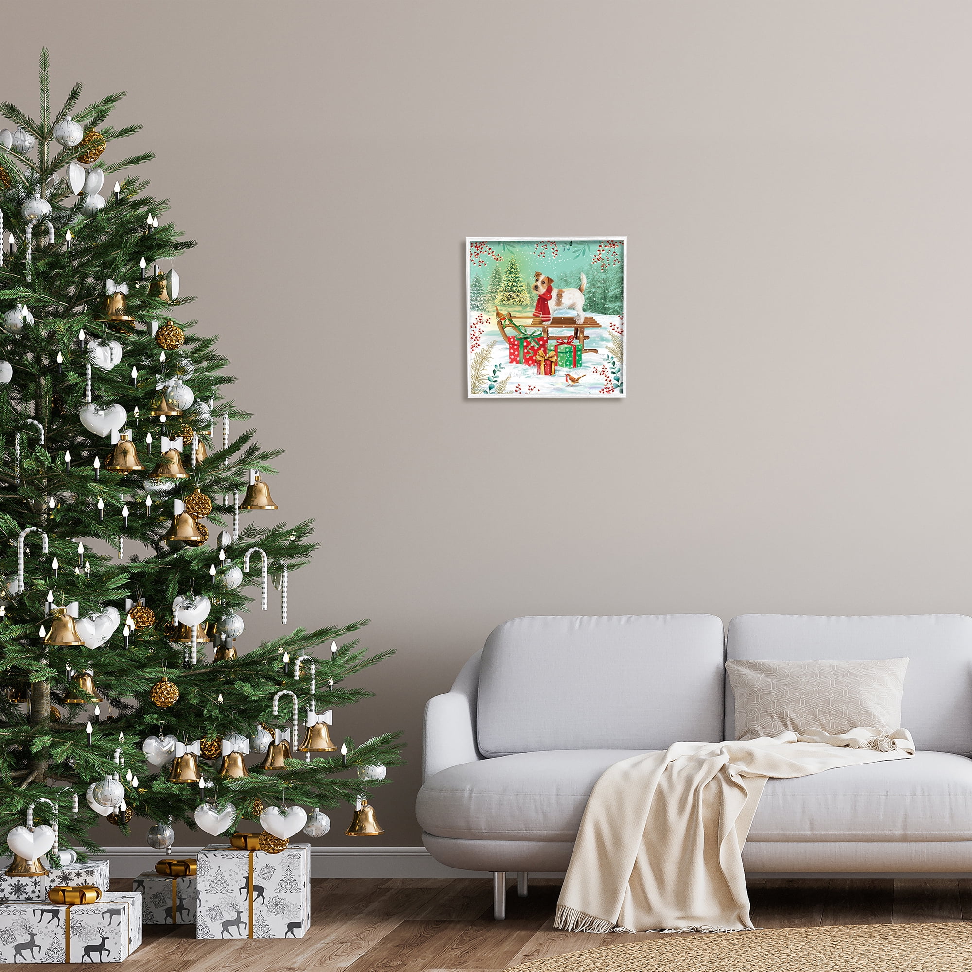 Stupell Industries Puppy On Sled Christmas Gifts Holiday Painting White Framed Art Print Wall Art
