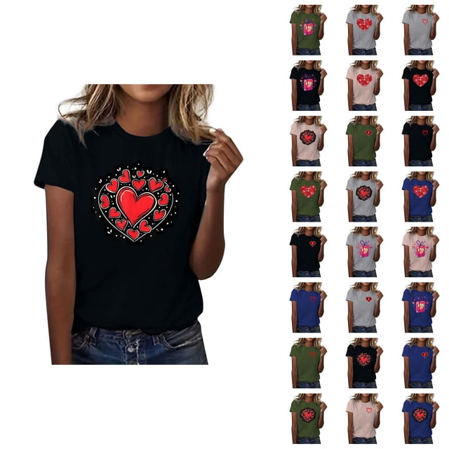 T-shirts de la Saint-Valentin pour Femmes 2026 à Manches Courtes Col Rond avec Cœur Graphique