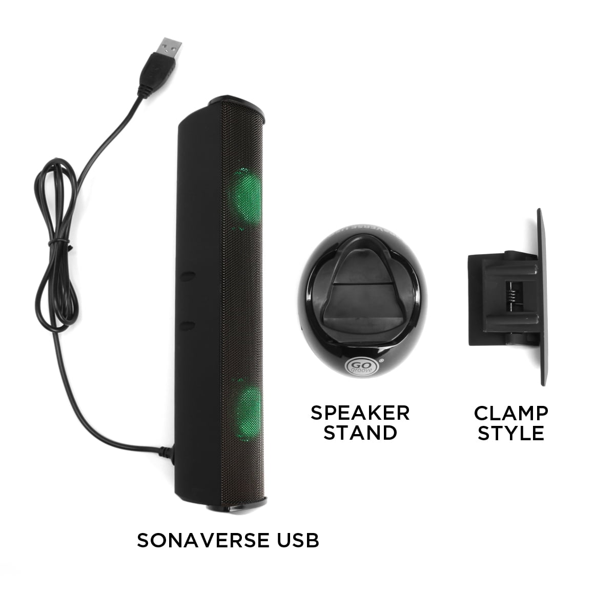 GOgroove SonaVERSE LED Speaker for Laptop Computer - USB Powered Clip-on Sound Bar with Mini Portable External Speaker Design for Monitor, Back Switch for Power - Audio Input and Power (Green)