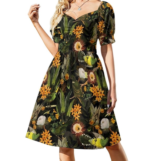 s En el jardín de flores tropicales - Vestido negro de manga corta vestidos de playa vestido de verano vestidos de manga larga Vestido
