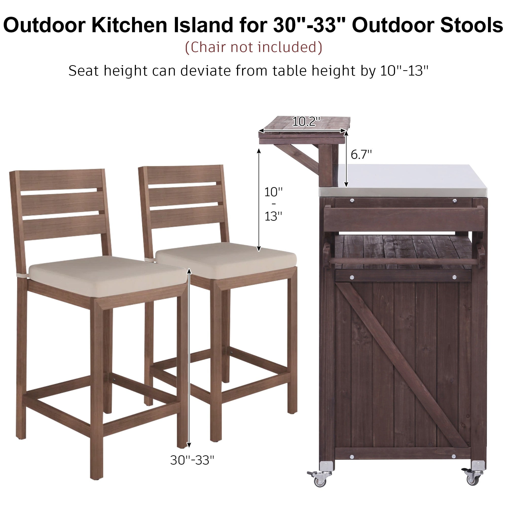 DEALTOPS Outdoor Kitchen Island Storage Cart with Raised Shelf and Stainless Steel Top, Grill Prep Cart BBQ Station, Rustic Brown