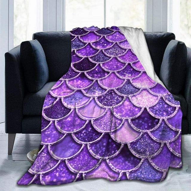 Couverture en Molleton Écailles de Sirène Violette Jeté Peluche Duveteux Ultra Doux Réversible en Microfibre Flanelle 80"x60 Pouces