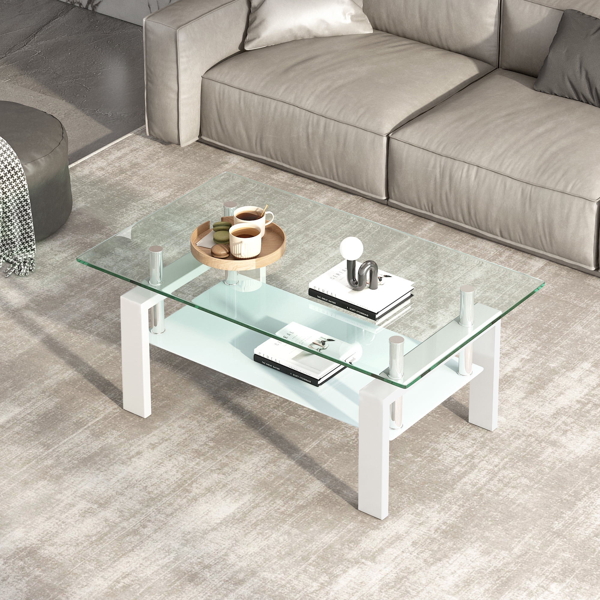 MAYEERTY Tempered Clear Glass Coffee Table, 2-Layers Coffee Table Living Room Center Table