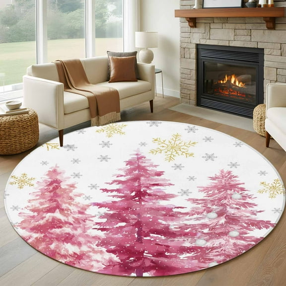 Pink Trees Christmas Round Area Rug 5 FT, Non Slip Bedroom Area Rug, Xmas Tree Snowflake Winter Washable Soft Circular Carpet Non-Shedding Floor Mat for Kitchen Dining Room Foyer Balcony Dorm