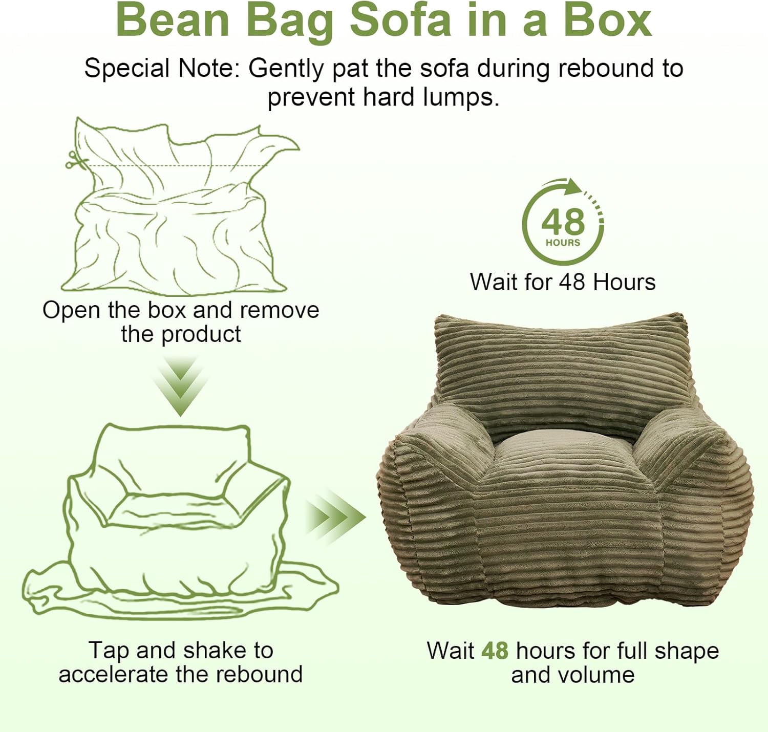 Ywen Bean Bag Chair for Adults & Kids, Giant Bean Bag Sofa with Side Pocket, Corduroy Beanbag Chair with Armrests, Comfy Stuffed Floor Sofa for Living Room Bedroom Dorm, Green