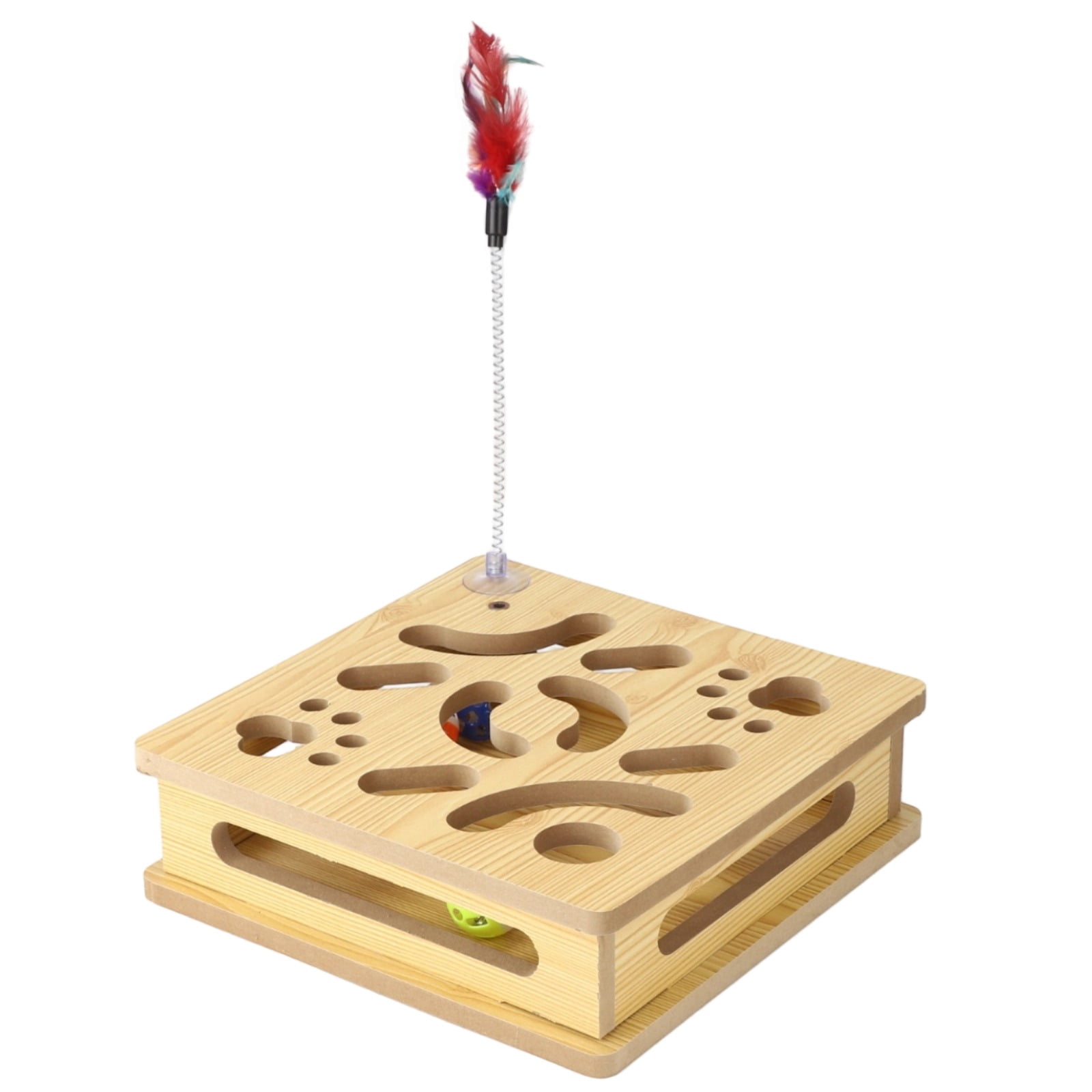 Interactive cat toy box, a wooden cat puzzle toy containing 3 bell balls and a feather wand, with a maze design to stimulate your cat's hunting instincts.