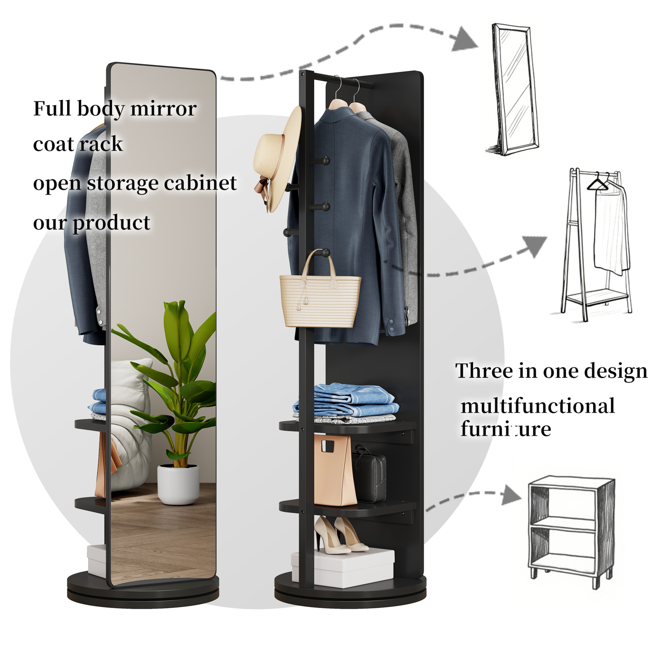 Noble House Gunther 360° Rotating Full-Length Mirror Coat Rack, Solid Rubberwood, for Small Space, Large, Black