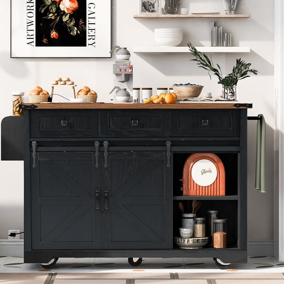 Farmhouse Kitchen Island 53.7", Rolling Cart with Power Outlet, Sliding Barn Door Storage Cabinet, Drop Leaf Countertop, Drawers, for Dining Room, Black