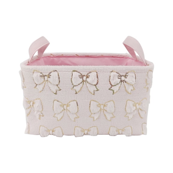 Velvet Bow Storage Basket, Embroidery Fabric Organizer for Home, Bedroom & Living Room, Foldable Laundry Basket for Clothes & Toys