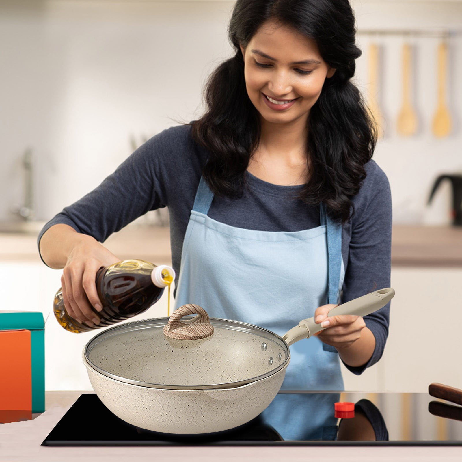 LLDYYDS Non Stick Frying Pan Skillet Nonstick Fry Pan with Glass Lid, Egg Pan Omelet Pans, Granite Cookware White Granite