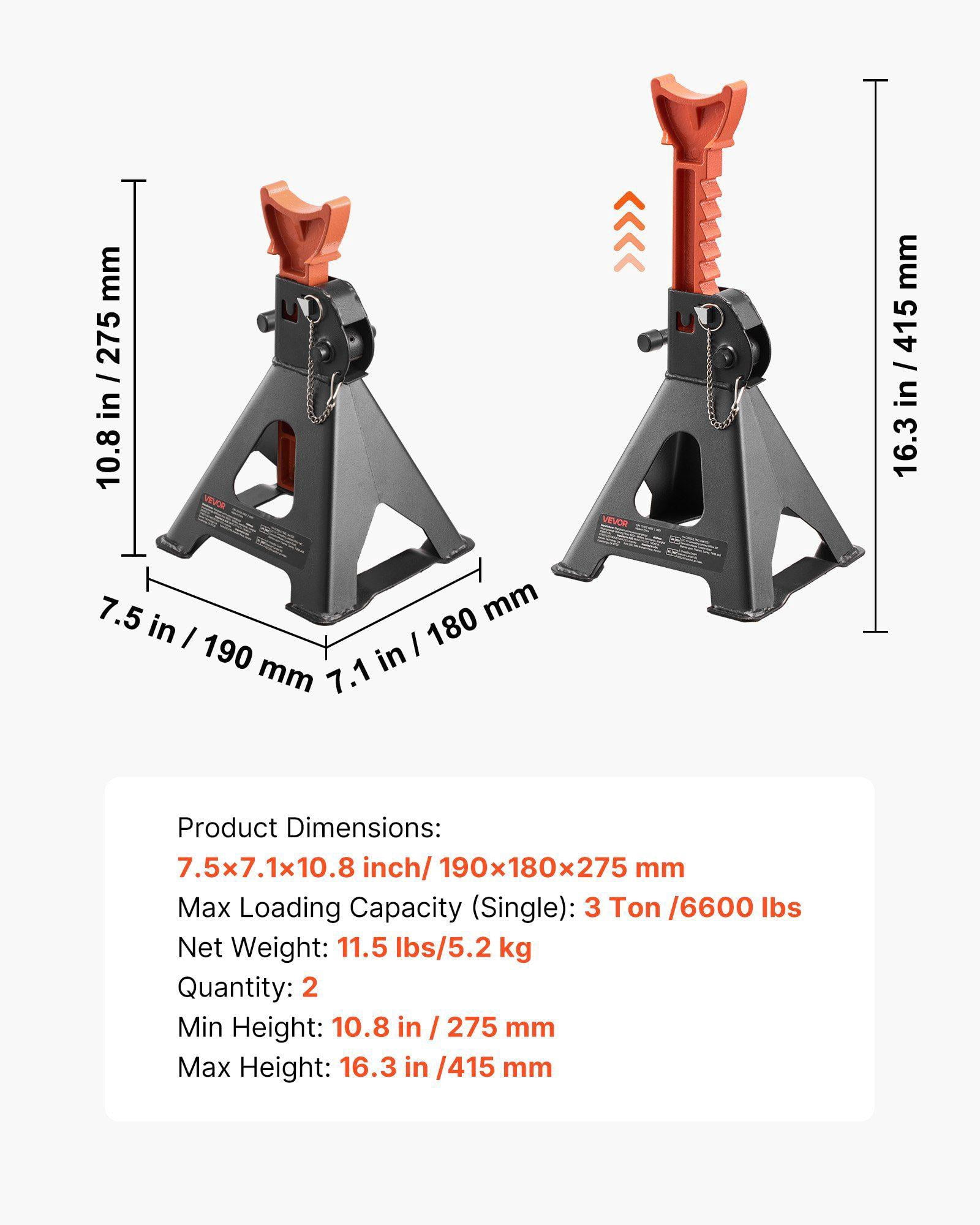 Heavy Duty 3 Ton 6600 lbs Capacity Steel Jack Stands Adjustable Height 10.8-16.3 in Double Locking for SUV Pickup Car UTV ATV 1 Pair Black Orange