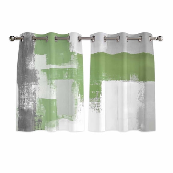 Sage Green Gray Kitchen Curtains Short 45 Inch Length, Oil Painting Geometric Abstract Modern Grommet Top Bedroom Living Room Curtains, Light Filtering Cafe Curtain Drapes 2 Panels Set 84''x45''